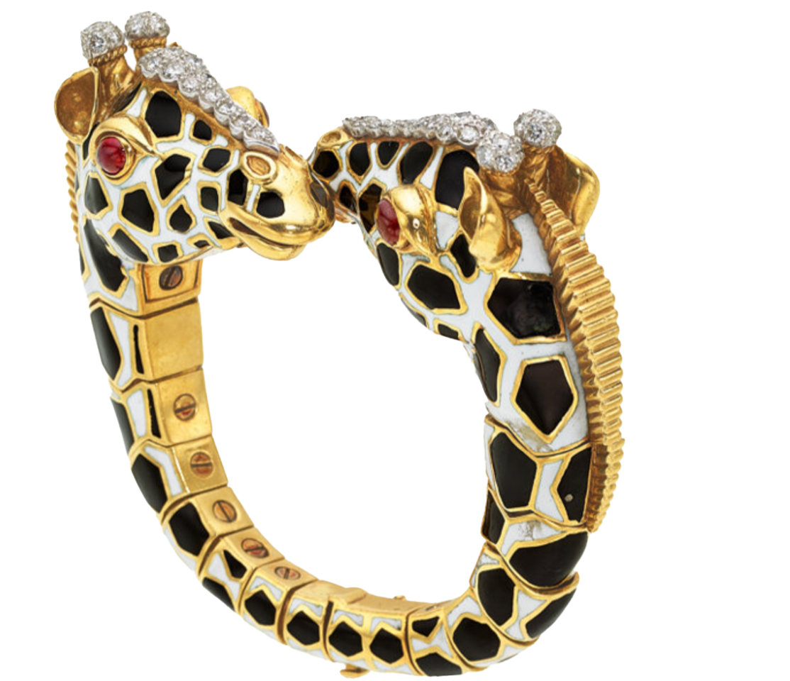 Black and White enamel Giraffe bracelet with red eyes and diamonds