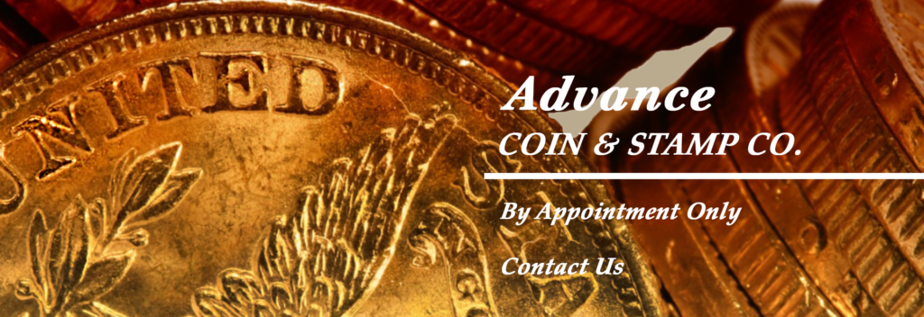 Advance Coin & Stamp Co. Logo with by appointment only contact us